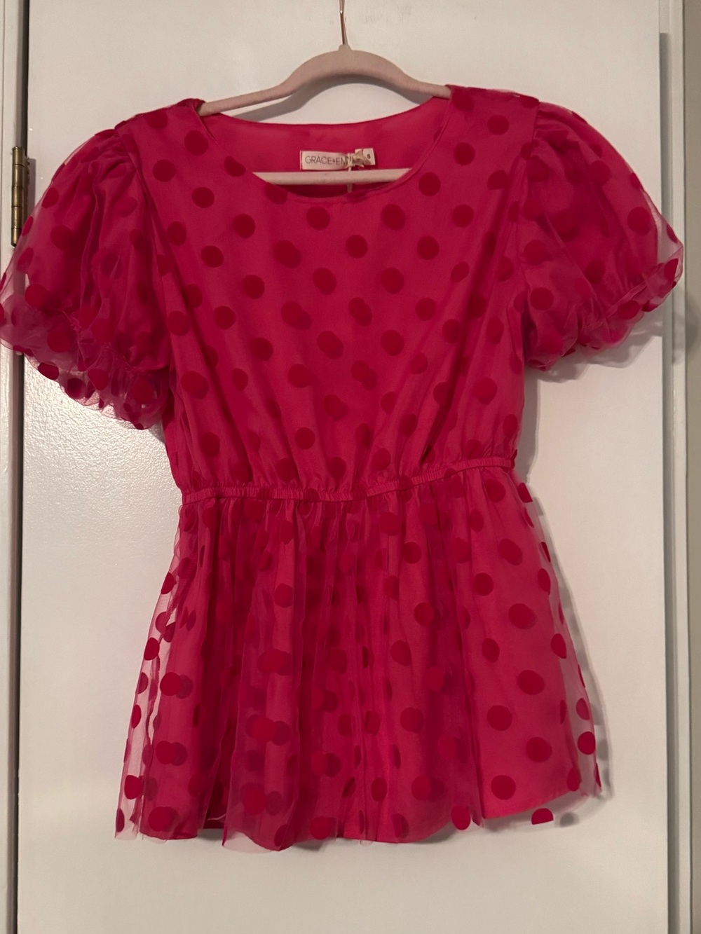 NWT Grace Hot Pink Polka Dot Puff Sleeve Top peplum sheer feminine pretty party